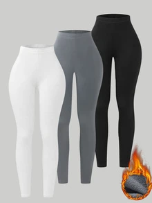 SHEIN Unity Women's Thermal Lined Leggings, Elastic Slim Fit Flattering Solid Color Versatile Tight Skinny Leg Pants For Autumn/Winter - Multicolor - View 8
