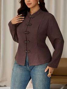 Auralis Autumn/Winter New Chinese Style Frog Button Decor Cinched Waist Brown Plus Size Blazer/Elegant Commute Daily - Brown - View 3