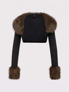 ROMWE Grunge Punk Y2K Shibuya Style Patchwork Leopard Print Fur Collar Women's Cropped Open Front Top - Multicolor - View 1