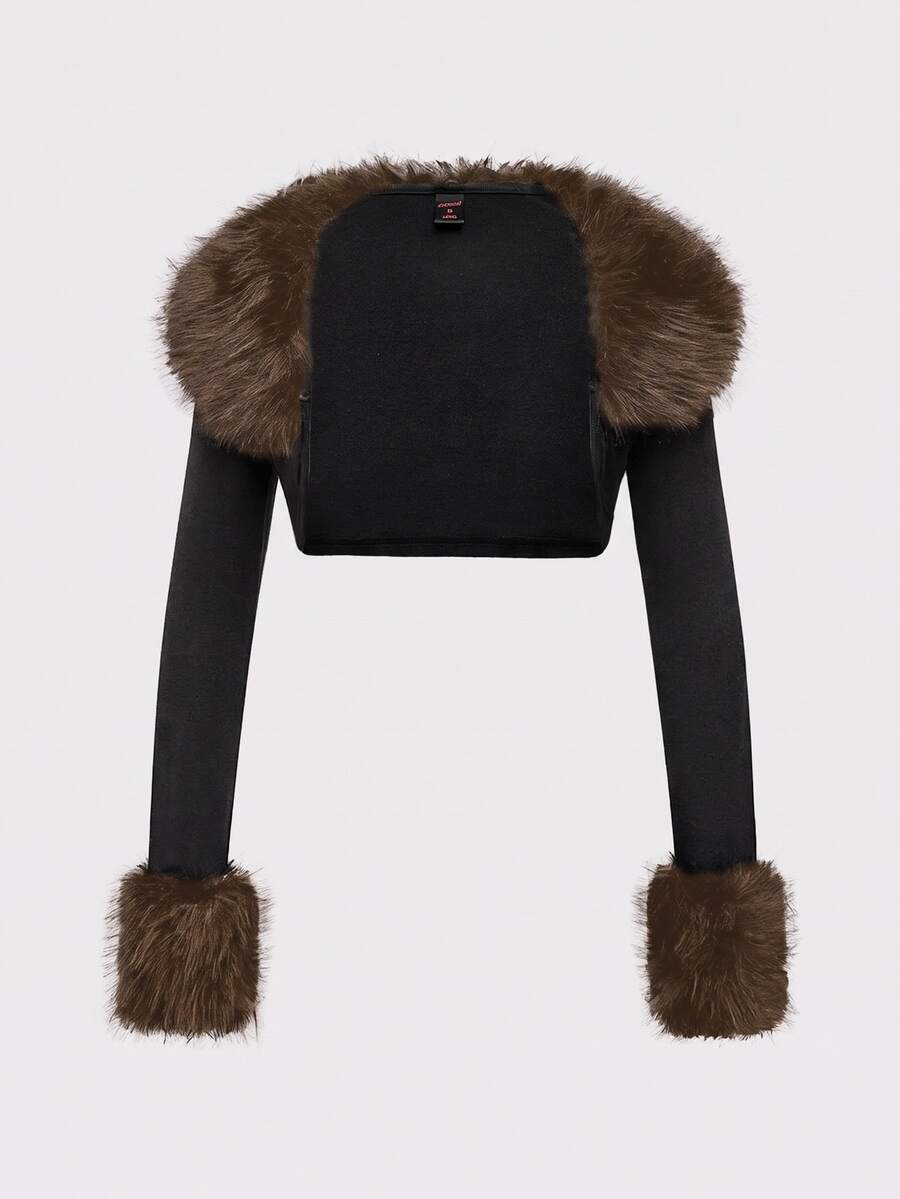 ROMWE Grunge Punk Y2K Shibuya Style Patchwork Leopard Print Fur Collar Women's Cropped Open Front Top - Multicolor - View 1
