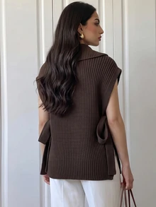 Breezaya Women's Solid Color Half-Zip Design Casual Versatile Knit Vest - Coffee Brown - View 2