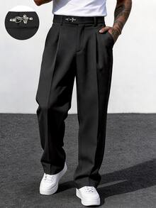 Manfinity Homme Men's Black Plus Size Dress Pants, Airplane Buckle Fashion Fastener Design, Light Business Casual Versatile Straight Leg Trousers - Black - View 1