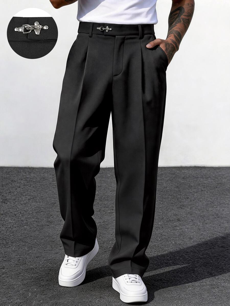 Manfinity Homme Men's Black Plus Size Dress Pants, Airplane Buckle Fashion Fastener Design, Light Business Casual Versatile Straight Leg Trousers - Black - View 1