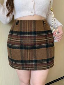 Dazy Plus Korean Style Plaid Short Thickened Autumn/Winter New Wool Skirt - Brown - View 7