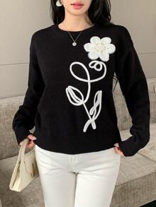 Modelyn Women's Applique Decor Round Neck Dropped Shoulder Long Sleeve Elegant Sweater - Black - View 4