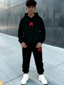 青少年男孩抓絨連帽衛衣運動服套裝 休閒冬季街頭風紅色蜘蛛圖案套裝 - 黑色 - 查看 4