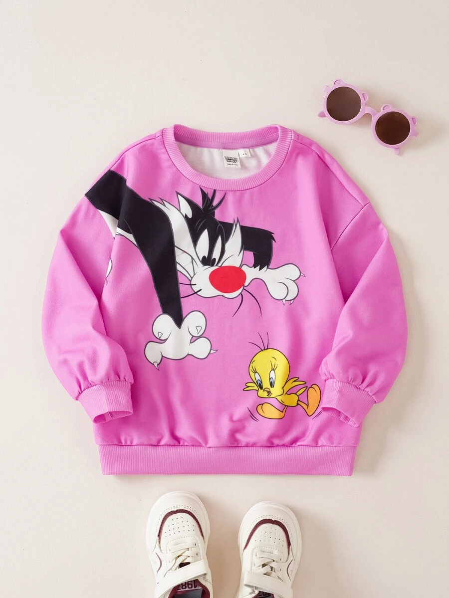 LOONEY TUNES X SHEIN بلوزة رياضية كاجوال يومية بأكمام طويلة بنقشة كرتونية للفتيات الصغيرات - وردي - مشاهدة 1