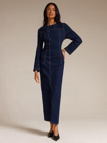 COSMINA Denim Women's Casual Elegant Chinese Style Frog Button Denim Dress - Blue - View 5