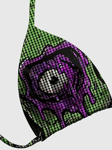 ROMWE Goth 暗黑恐怖怪物綠色女款細肩帶掛脖綁帶蝴蝶結背心 - 綠色 - 查看 3