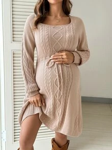 SHEIN Gaun Rajut Kasual Warna Polos untuk Ibu Hamil, Cocok untuk Sehari-hari di Musim Dingin - Khaki - View 1