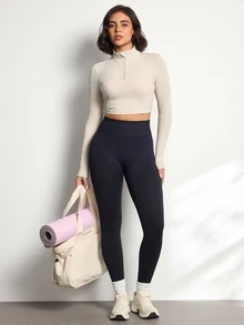 Easithlete Women's Sports Sweatshirt Ribbed High Elastic Fitness Casual Long Sleeve Pullover With Front Zipper - Khaki - View 3