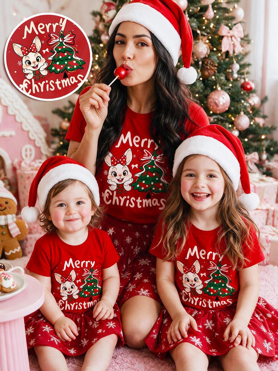 聖誕快樂,復古可愛聖誕紅與可愛兔子圖案,聖誕夜親子套裝,女嬰簡約休閒短袖上衣,聖誕氛圍,派對,卡哇伊,日常,度假,可愛,舒適 - 彩色 - 查看 1