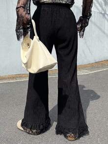 Dazy Plus Plus Size Women's Elastic Waist Fitted Contrast Lace Cuff Flare Pants - Black - View 2