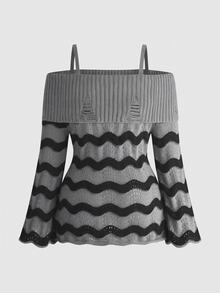 ROMWE Goth Plus Size Women's Colorblock Casual Daily Long Sleeve Sweater - Multicolor - View 2