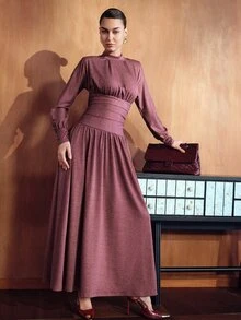 MOTF PREMIUM WOMEN'S ELEGANT COMMUTE WAIST-CINCHING LONG DRESS - Red Violet - View 1
