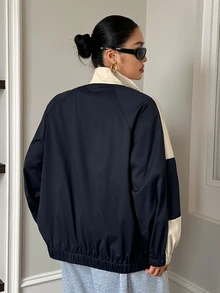 Dazy Plus Letter Print Patchwork Contrast Color Loose Zipper Long Sleeve Casual Vacation Streetwear Spring Autumn Jacket - Navy Blue - View 2