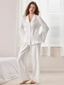 Ocili Solid Color Pure Cotton Lapel Comfortable Soft Embroidered Lace Shell Button Ruched Ruffle Long Sleeve Long Pants Women's Pajama Set - White - View 2