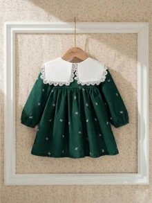 Souflis Souflis 幼女 A 字裙 可愛甜美 深綠色 蕾絲蝴蝶結印花 百褶長袖圓領 常規款 生日派對 秋季保暖 公主學院風 - 彩色 - 查看 2
