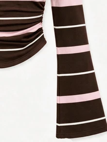 Young Girls 4-7Y Y2K Striped Bow Print Top, Flare Long Sleeve Ruched Slim Tee Shirt Fall Winter New In For Daily Casual Birthday Party Outing - Brown - View 6