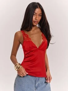 SHEIN BAE 黑色性感透視蕾絲拼接緞面細肩帶背心，適合性感上衣、夜店穿搭、約會、早午餐、郵輪旅行、上班，優雅且性感 - 紅色 - 查看 4