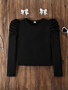 SHEIN 青少年女孩長袖上衣，黑色純色修身領口上衣，可愛優雅休閒時尚，適合夏季校園正式場合與秋季開學 - 黑色 - 查看 3