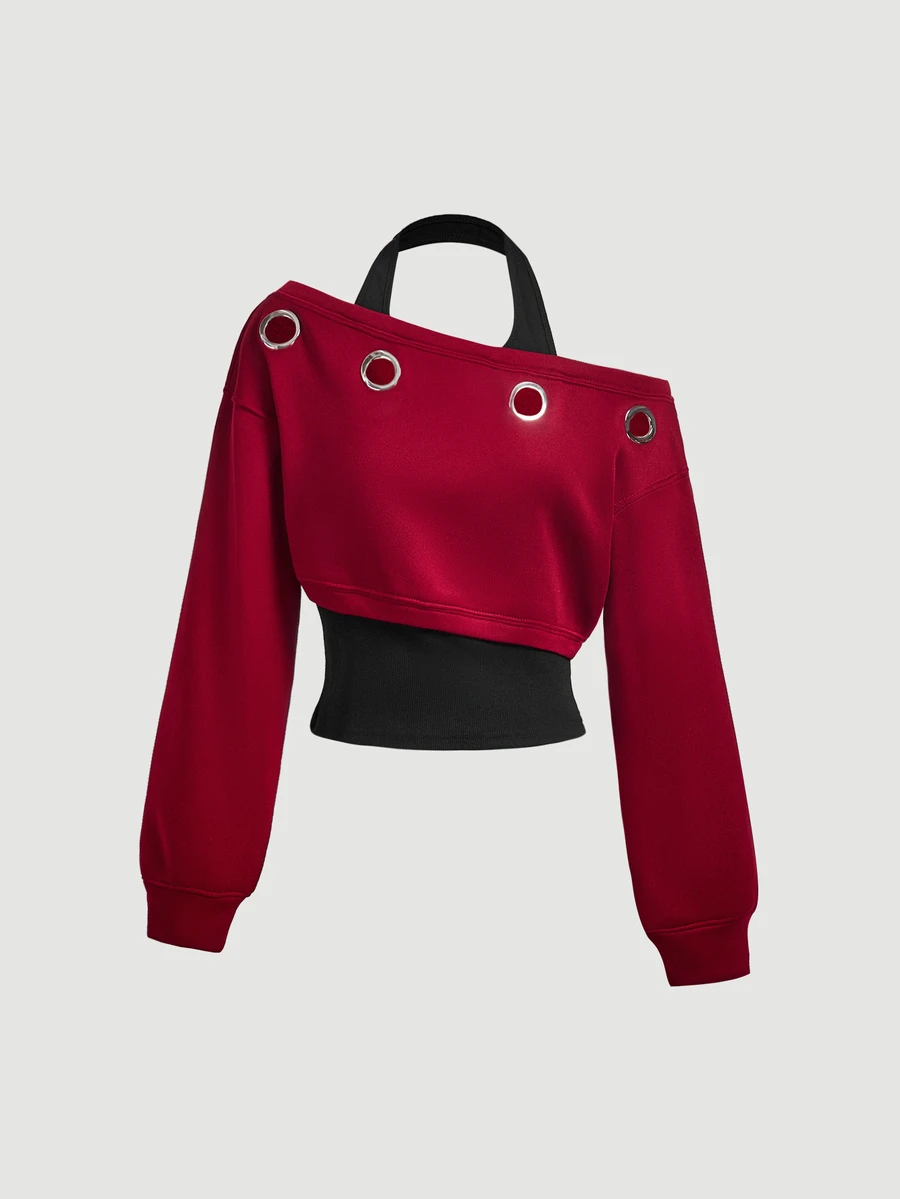 SHEIN MOD Women's Asymmetric Shoulder Eyelet Design 2 In 1 Halter Neck Sweatshirt - Burgundy - View 1