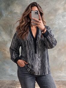 Ceyna Plus Size Women Black & White Striped Colorblock V-Neck Loose Long Sleeve Shirt - Black - View 1
