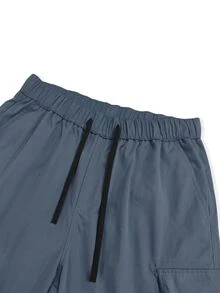 Manfinity Homme 男士大尺碼夏季寬鬆翻蓋口袋側邊工裝短褲，度假休閒石板藍色 - 霧霾藍 - 查看 4