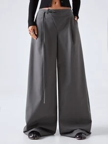 LYSMO Women's Solid Color Casual Daily Wear Suit Pants - Grey - View 6