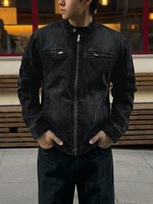DAZY Spring/Autumn Black Washed Distressed Street Style Korean Fashion Men's Denim Jacket - Dark Grey - View 4
