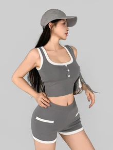 DAZY Women's Contrast Color Button Design Cropped Tank Top And Shorts Sports Set - Grey - View 1