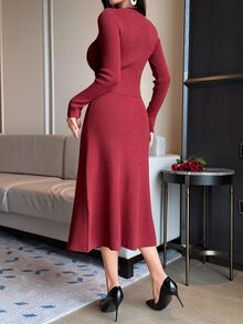 DAZY 女款休閒紅色毛衣套裝，毛邊設計，2件組，冬季 - 酒紅色 - 查看 3