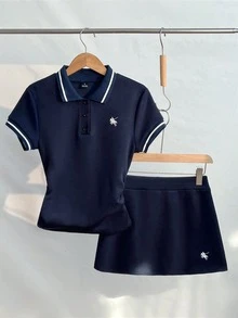 Elamini 休閒運動通勤百搭刺繡圖案翻領上衣與A字裙套裝 - 藏蓝色 - 查看 8