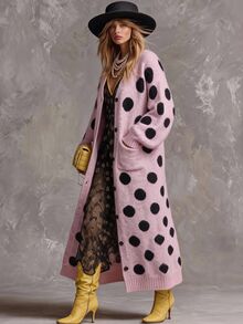 Solivie Women's Autumn/Winter Long Cardigan, Pink & Black Polka Dot Women Fall Winter Sweater Going Out Tops - Pink - View 5