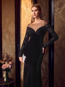 MOTF Soiréza WOMEN'S LACE PATCHWORK SQUARE NECK ELEGANT MERMAID EVENING DRESS - Black - View 5