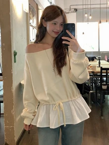 DAZY 女款韓式不對稱肩長袖運動衫 校園可愛上衣連帽衫 - 杏色 - 查看 5