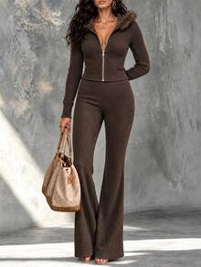 LUMIGAL Coffee Brown Hooded Fur Collar Zip-Up Short Jacket & Flared Long Pants, Casual Versatile 2 Pieces Set For Women, Autumn/Winter - Coffee Brown - View 5