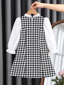 Elladie kids Young Girls Houndstooth Mock Neck Bow Decor Fake Two Pieces Patchwork Elegant Autumn Princess Dress - Black - View 2