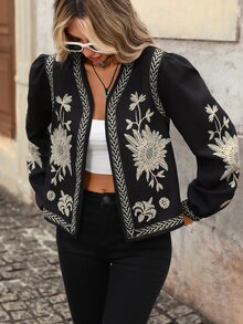 Brillora Women's Floral Pattern Casual Daily Wear Long Sleeve Jacket,Daily Commute,Autumn,Boho Vintage,70s Retro,Winter Jacket,Western Chic - Black - View 5