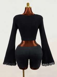 Mistrie Cardigan Wanita Musim Semi/Gugur Hitam dengan Lengan Lonceng dan Potongan Ramping, Model Slim Fit, Kancing Depan - Hitam - View 3