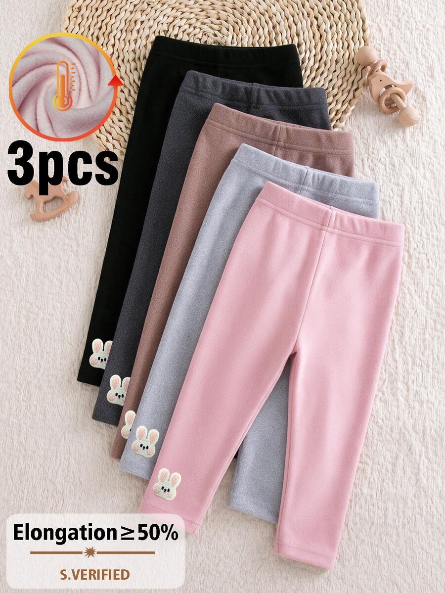 3pcs Girls' Autumn/Winter New Embroidered Cute Rabbit Patch Thickened Fleece Warm Leggings - Dark Grey - View 1