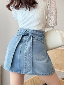 FRIFUL Women's Fashion Versatile Daily Casual Denim Mini Skirt - Blue - View 4