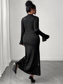 Elenzga Plus Size Knit Fabric Semi-High Neck Metal Decor Ruched Flare Long Sleeve Fitted Mermaid Midi Dress, Autumn/Winter Fashion Vintage Elegant Date Party - Black - View 2