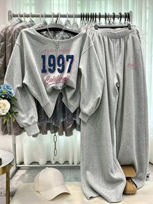 SHEIN 2件組女款休閒寬鬆露肩字母印花長袖衛衣與格紋長褲套裝，秋冬款 - 淺灰色 - 查看 3