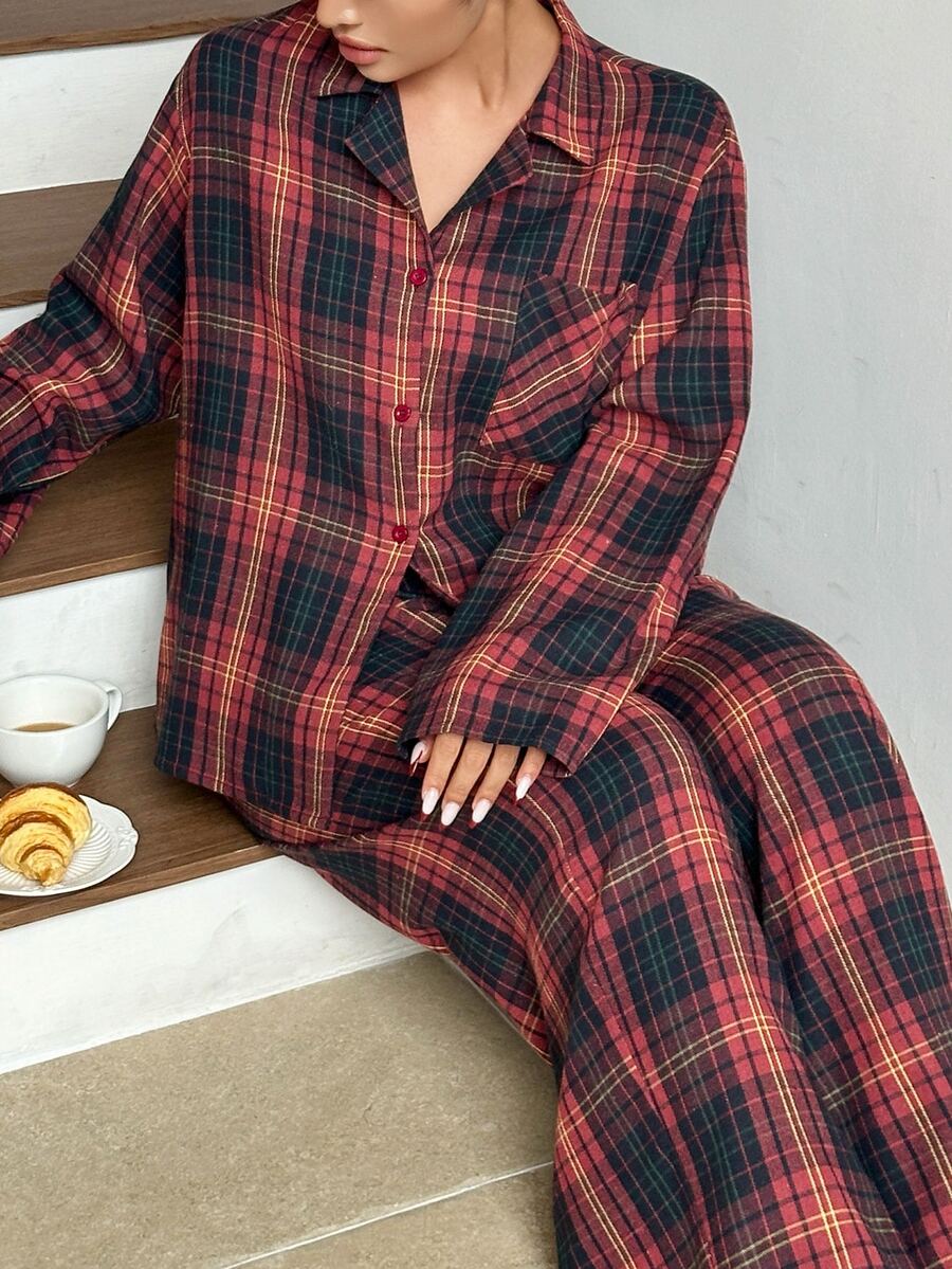 Dazy Plus Plaid Loose Red Christmas New Year Home Wear Long Pants 2-Piece Pajama Set - Red - View 1