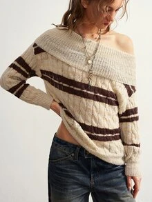 Bohemela Women's Striped Off-Shoulder Long Sleeve Cable Knit Fashion Sweater - Multicolor - View 6