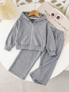 SHEIN Playful Pals 女童牛仔套裝，灰色雪洗，灰色水洗休閒寬鬆連帽短版拉鍊針織牛仔外套搭配寬鬆直筒牛仔褲，時尚女童必備，適合秋冬，極簡時尚百搭，日常拍照、購物、外出、聚會，2026秋冬新款女童牛仔套裝 - 灰色 - 查看 3