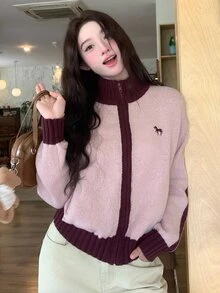 DAZY Women's Unicorn Embroidered Contrast Color Dropped Shoulder Long Sleeve Zipper Front Knit Cardigan - Pink - View 6