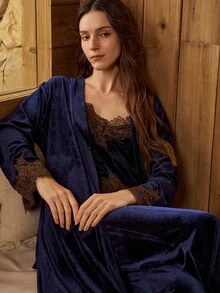 MOTF PREMIUM WOMEN'S LACE PATCHWORK CAMISOLE TOP, PANTS AND ROBE CASUAL HOME SLEEPWEAR SET - Blue - View 2