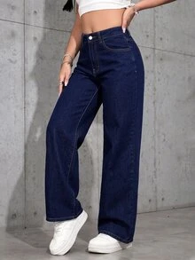 SHEIN PETITE 女款高腰口袋寬腿寬鬆休閒牛仔褲 - 深色水洗藍 - 查看 4